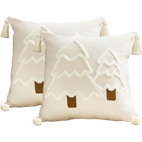 Ensemble de 2 Housses de Coussin Sapin de Noël, Taies d'oreiller Festif à Pompons, Décoration Festif de Coussin de Noël Résistantes à l'usure (1/5)