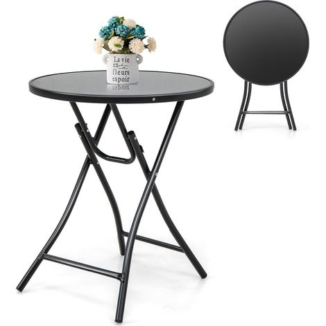 Folding Round Patio Bistro Table Tempered Glass Tabletop Outdoor Cocktail Table (1/5)