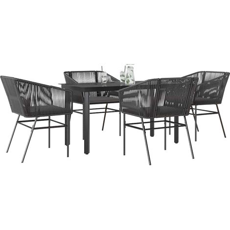 vidaXL 5-tlg. Garten-Essgruppe mit Kissen Schwarz Poly Rattan Glas