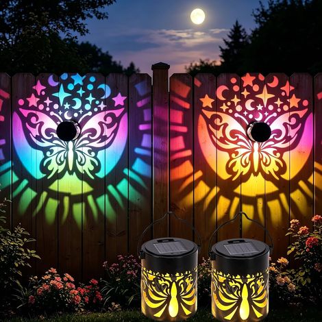 Lot de 2 lampes solaires murales – Projecteur décoratif, IP65 étanche – 7 couleurs changeantes, métal, motif papillon – Idéal pour patio, jardin et clôture (1/5)