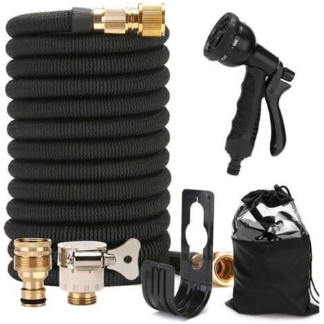 Tuyau D\arrosage Extensible de 15 m Avec 8 Buses, Raccords en Laiton Massif , Tuyau D\arrosage Avec Sac de 50ft noir