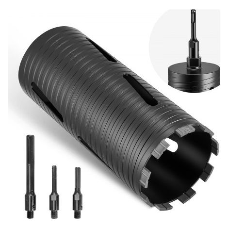 Broca de Corona para Perforación en Seco, 102 mm Diámetro, 241 mm Profundidad, Rosca Interna M16, con 3 Adaptadores, Broca Piloto, Llave Hexagonal a Hormigón Armado, Ladrillo y Mampostería (1/5)