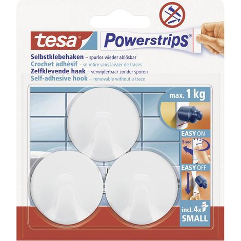 Crochet Tesa auto-adhésif, capacité de charge jusqu'à 1 kg, rond, blanc, petit (S), lot de 3 (1/3)