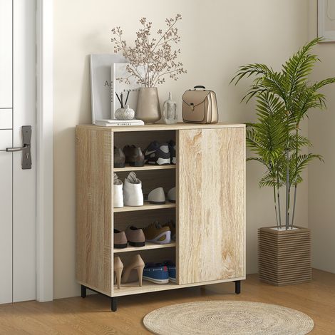 Armoire à chaussures à 4 niveaux en carton et acier avec porte coulissante - 80x40x93 cm - pour 12 paires - couleur bois