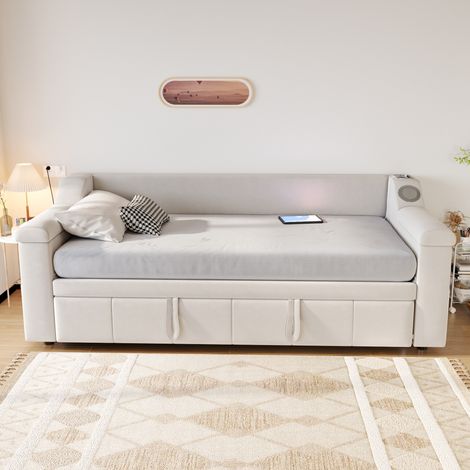Schlafsofa 90x190 cm Beige Samt mit Bluetooth-Sound, USB, Ablagefächern und Lattenrost (1/5)