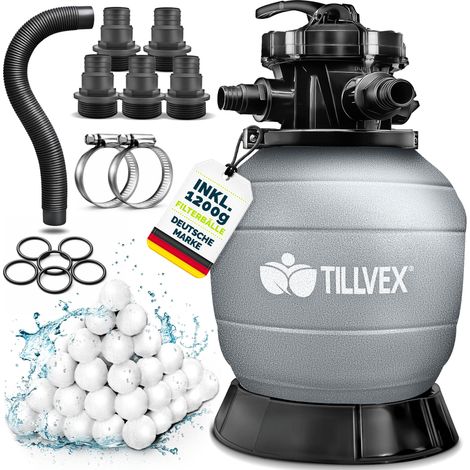 tillvex® Sandfilter Pool ohne Pumpe + 1200g Filterbälle bis 50m³ (50.000 Liter) Pools  Filterkessel Poolfilter inkl. Adapter Ø32-38mm  Sandfilterkessel mit 7-Wege-Ventil, Manometer & Saugschlauch (1/5)