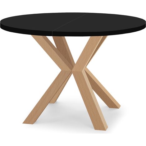 Table de salle à manger ronde extensible RAL avec pieds en bois, style loft, industriel, diamètre : 110 / 210 cm, couleur : noir / naturel (1/4)