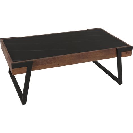Tavolino salotto divano HHG-701 43x120x64cm pietra sinterizzata MDF gambe nere legno scuro effetto marmo marrone