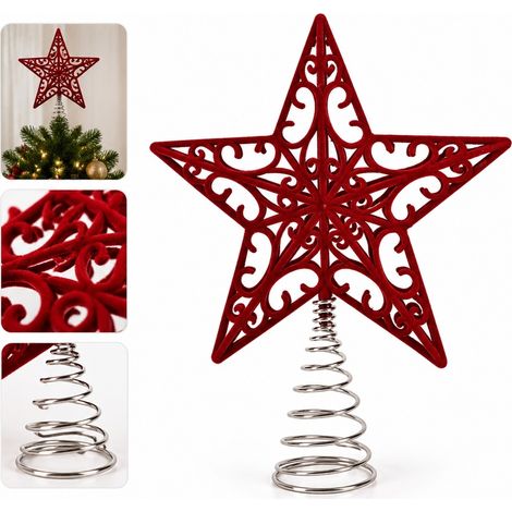 Etoile de Sapin 5 Pointes Ajour Flocage Rouge Plastique et Fer 24 x 6.4 x 28.5 cm (1/5)