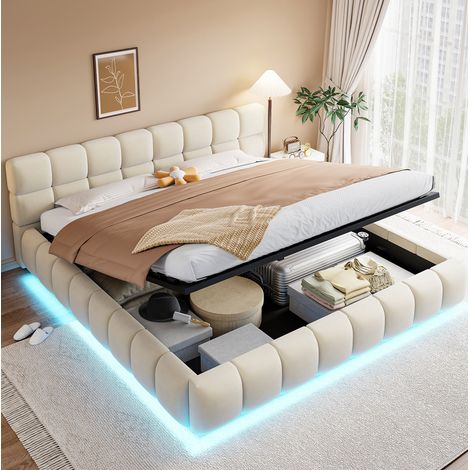 letto contenitore 180x200 salvaspazio LED velluto beige OKMYHOME (1/5)
