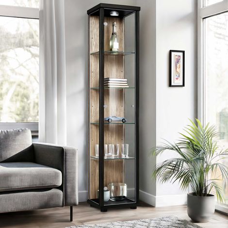 K-Möbel Vitrine en Verre Noir/Sonoma 176x37x33cm 4 Tablettes LED Germany