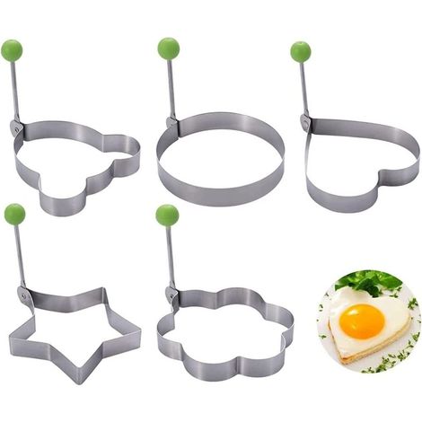 Moule à œufs en acier inoxydable, cercles à œufs antiadhésifs, moules à œufs au plat, moule à omelette créatif, lot de 5 pour muffins, œufs, crêpes et omelettes, 5 motifs : cœur, cercle, prune, Mickey