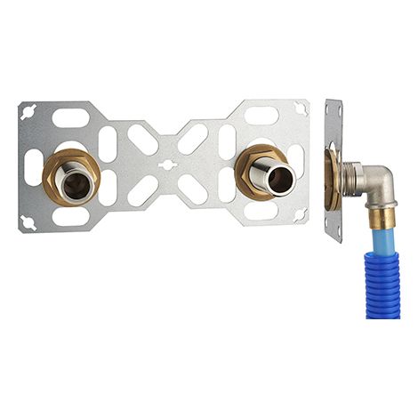 FIXSYSTEM doppio: kit completo per il fissaggio di un rubinetto a parete con interasse 150 mm Gomiti di alimentazione slip-on su tubo PER NOYON & THIEBAULT - Ø 16 mm, uscita 3/4' maschio (20x27) - 331