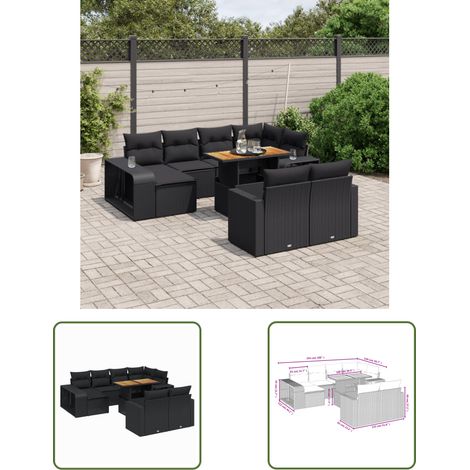 The Living Store Salon de jardin 11 pcs avec coussins noir résine tressée - Ensemble Salon De Jardin - Mobilier De Jardin - Table De Jardin Extensible - Chaise Lounge - Set De Jardin (1/3)