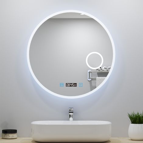 Ocean 70cm Miroir de salle de bain rond à LED, horloge + loupe 3x + tricolore + anti-buée, intensité réglable (1/5)