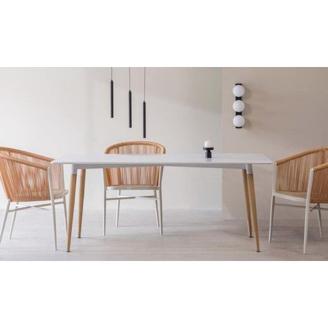 ORION91oficial® - Mesa Rectangular, Blanco Brillo y Madera Natural 180 x 80 cm, Estilo nórdico, Comedor-Oficina-Teletrabajo-Cocina- spaziOrion91