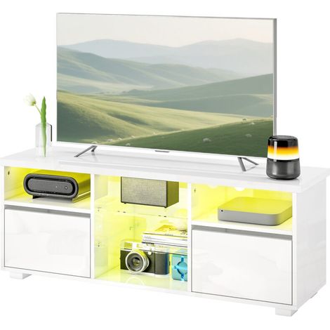 Meuble TV Meuble TV 120 cm, meuble télé pour téléviseur jusqu'à 55 pouces éclairage LED et télécommande étagères en verre blanc (1/5)