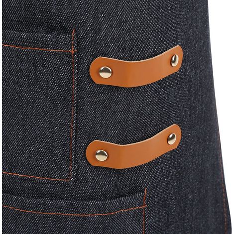 Tablier en denim à bretelles en cuir pour boulanger, barman, chef de barbecue, cuisinier, uniforme de travail A (1/5)
