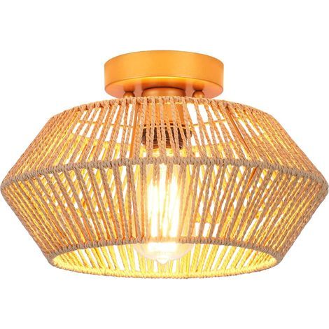 TAISHENGDA-Plafonnier,En Rotin Tissé Luminaires Montage Au Plafond, Abat-Jour En Cage Boho Travaillé À La Main Naturel Finition Au Pinceau En Laiton Antique Pour Chambre À Coucher,Couloir, Ampoule non (1/5)