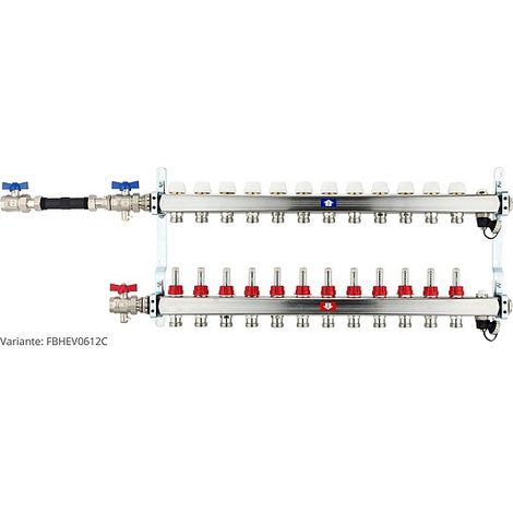 Fußbodenheizungsverteiler aus Edelstahl mit Topmeter für 12 Heizkreise - mit WMZ-Anschlussset 110 mm waagrecht (1/3)