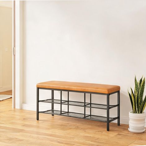 Banc de rangement avec assise rembourrée en simili cuir noir (1/5)