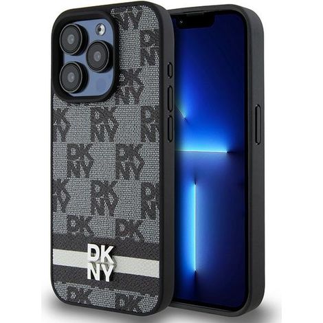 Funda para iPhone 15 Pro Max de DKNY, de piel con estampado a cuadros negro. (1/5)