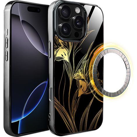 Funda ibizu Elite Glass para iPhone 16 Pro con MagSafe, parte trasera de cristal, Golden Midnight, Royal irises, negra (1/5)