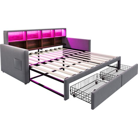 Lit capitonné extensible 90x190 cm gris foncé avec rangements, LED et prises (1/5)