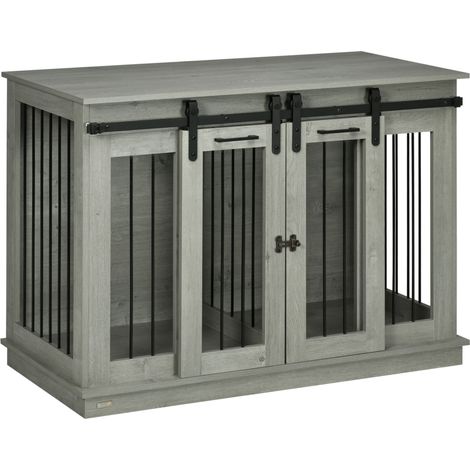 Gabbia per cani in legno grigia con doppia porta e divisorio, 120 x 60 x 88,5 cm (1/5)
