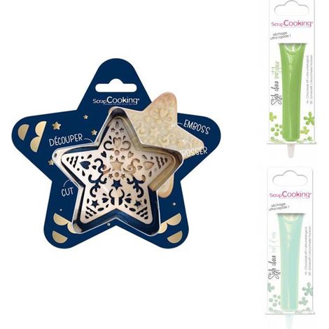 Kit pour biscuit en relief Étoile + 2 Stylos au chocolat vert clair et vert d'eau (1/2)
