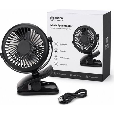 Mini-Ventilator – Wiederaufladbar – Mit Clip – 3 Geschwindigkeitsstufen – Kabellos – USB – Schwarz (1/5)