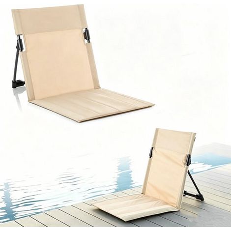 Tapis de plage avec dossier - Chaise de plage pliable - Chaise pliante portable - Sac de rangement inclus - Idéale pour la pêche, les barbecues, la randonnée et les pique-niques - Blanc/Beige (1/5)