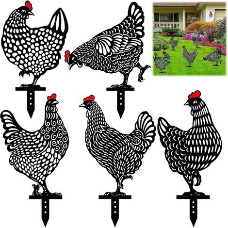 Set mit 5 realistischen Hühnerfiguren für Garten und Wand, hohle Hühnerfiguren aus schwarzem Acryl, ideal für die Gartengestaltung. - Crezuo