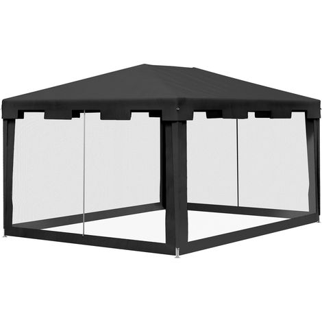 Pavillon Partyzelt Ca. 4 X 3 M Gartenpavillon Gartenzelt Festzelt Mit Netz-Seitenwänden Für Balkon, Terrasse, Metall Pe Dunkelgrau