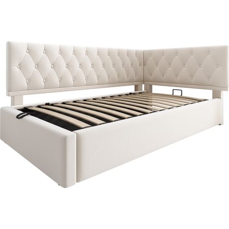 Cama diván 90 x 200 cm con almacenamiento hidráulico, terciopelo beige, sin colchón (1/5)