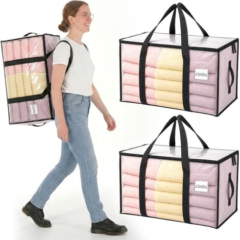 Velway Lot de Sacs Déménagement 95L - Grand Sac Rangement Vêtements Fermeture Éclair - Transparent - Lot de 2 (1/5)