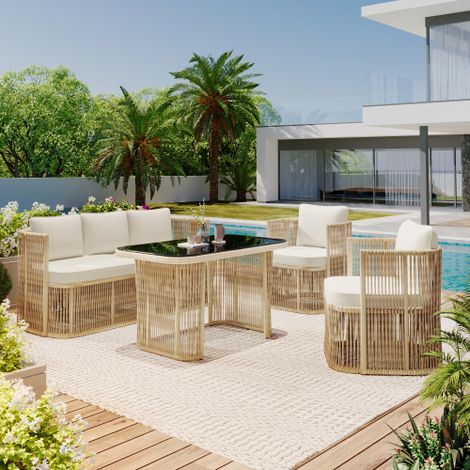 Ensemble de meubles de jardin en rattan en PE 4 pièces avec canapé 3 places, 2 chaises et table en verre – Ensemble de salon extérieur avec coussin en polyester, cadre en acier et plaque en verre durc (1/5)
