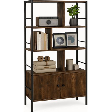 Libreria Relaxdays, HLP: 154,5 x 74 x 30 cm, 3 ripiani, scaffale con sottobanco, stile industriale, marrone scuro/nero