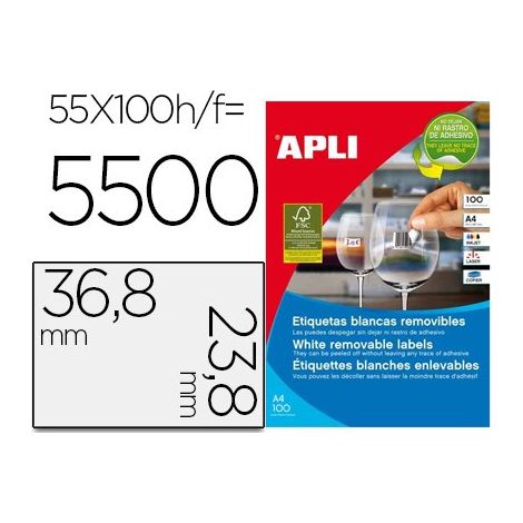 Etiqueta adhesiva apli 36,8x23,8 mm fotocopiadora laser inkjet caja 100 hojas din a4 con 5500 etiquetas