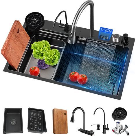 – Évier de Cuisine Multifonction 1 Bac 80 x 45 cm – Cascade avec Robinetterie Extractible, Rinceuse à Verres et Distributeur de Savon – Évier Noir à Poser (1/5)