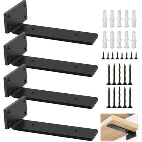Lot de 4 supports d'étagère, supports d'étagère flottants robustes de 20 cm, 5 mm d'épaisseur, supports muraux rustiques en métal noir pour étagère (1/5)