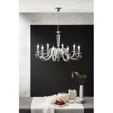 LAMPADARIO CHERUBINI 8 LUCI CRISTALLO E CROMO ATTACCO E14 D.90CM