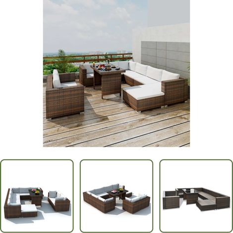 vidaXL Chaise longue extérieur - Salon de jardin 10 pcs avec coussins Résine tressée Marron (1/5)