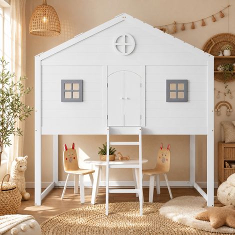 Lit enfant cabane 90x200 cm avec escalier, garde-corps, fenêtres grises, blanc et gris HAVRYA (1/5)