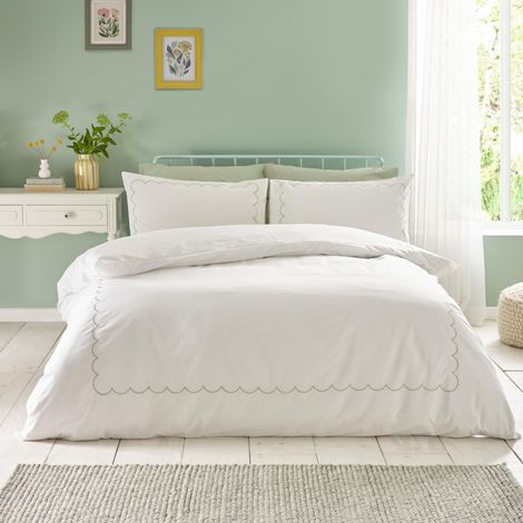 Parure de lit Simple avec Housse de Couette et taie d'oreiller Motif festonné Blanc/Vert (1/4)