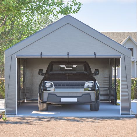 CHICFURN Tente garage 6x4x3 m abri de stockage extérieur gris avec portes enroulables, moustiquaires, bâche PE imperméable anti-UV et structure en métal (1/5)