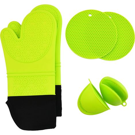 Set di 6 guanti da forno in silicone - Resistenti al calore - Antiscivolo - Con mini guanti e sottopentola - Guanti da cucina per cuocere al forno e grigliare (nero verde) (1/5)
