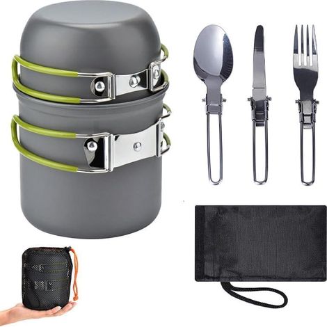 Coffret de cuisine de camping vert : casseroles et poêles compactes. Accessoires pratiques pour la randonnée et les repas en extérieur. (1/5)