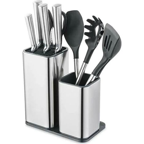 Portacoltelli 2 in 1 in acciaio inox, blocco portacoltelli, scatola portaposate, set per la cucina, porta forbici, porta coltelli (coltelli non inclusi) (nero)
