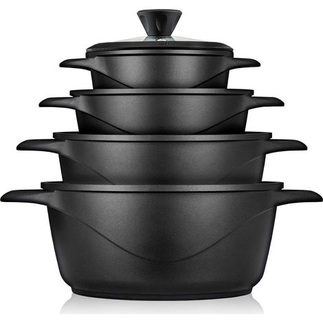 Briebe MGK12S Batería de Cocina Inducción 8 Piezas Aluminio Fundido 4 Ollas con Tapa de Cristal Antiadherente Negro